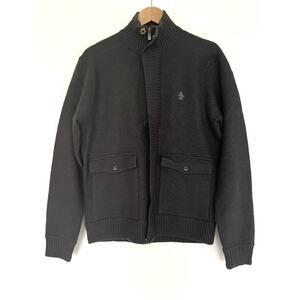 PENGUIN 100% Wool Sweater Sz M Gray Zip Mock Neck Chore Pockets Academia